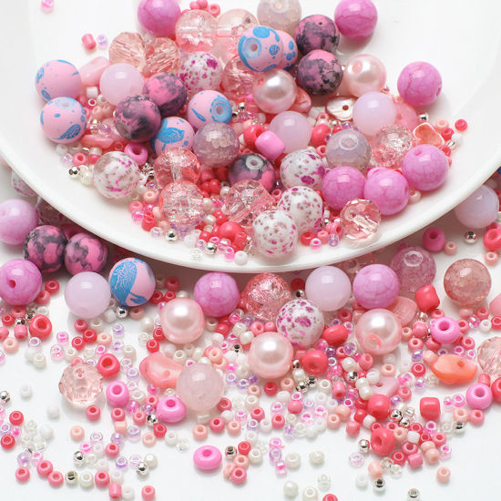 Picture of 1 Set Glass Beads For DIY Charm Jewelry Making Round Pink About 8mm Dia. - 2x1.5mm, Hole: Approx 1.4mm-0.5mm