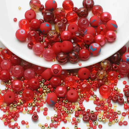 Immagine di 1 Serie (Circa 250 Pz/Serie) Vetro Kit di Perline Assortite Miste con Perline di Semi di Gioielli Fai-da-te Tondo Rosso Circa 8mm Dia - 2x1.5mm, Foro: Circa 1.4mm - 0.5mm