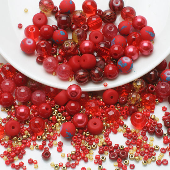 Picture of 1 Set Glass Beads For DIY Charm Jewelry Making Round Red About 8mm Dia. - 2x1.5mm, Hole: Approx 1.4mm-0.5mm