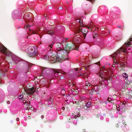 Picture of 1 Set Glass Beads For DIY Jewelry Making Round Fuchsia About 8mm Dia. - 2x1.5mm, Hole: Approx 1.4mm-0.5mm