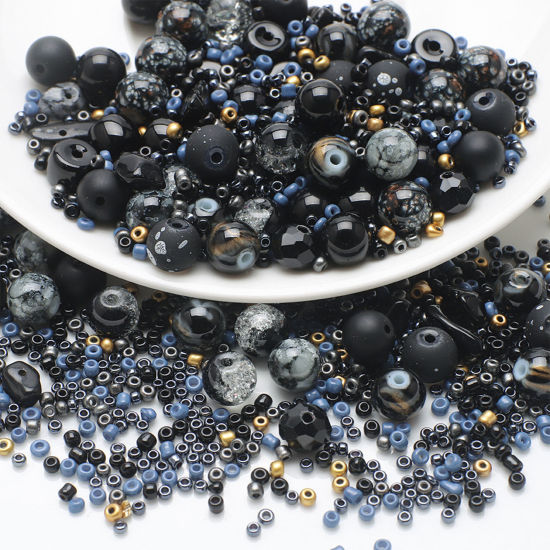 Picture of 1 Set Glass Beads For DIY Charm Jewelry Making Round Ink Blue About 8mm Dia. - 2x1.5mm, Hole: Approx 1.4mm-0.5mm
