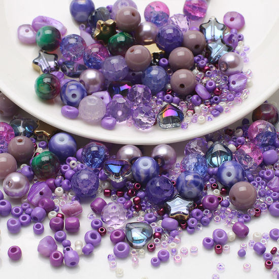 Picture of 1 Set Glass Beads For DIY Jewelry Making Round Purple About 8mm Dia. - 2x1.5mm, Hole: Approx 1.4mm-0.5mm