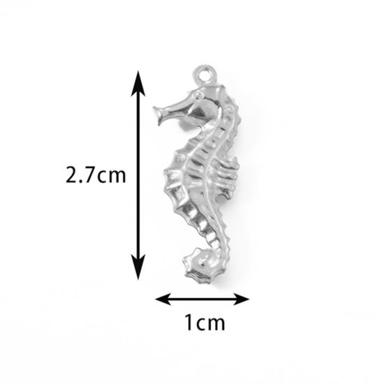 Picture of 5 PCs 304 Stainless Steel Ocean Jewelry Charms Silver Tone Seahorse Animal 2.7cm x 1cm