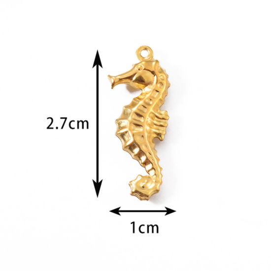 Picture of 5 PCs Vacuum Plating 304 Stainless Steel Ocean Jewelry Charms Gold Plated Seahorse Animal 2.7cm x 1cm