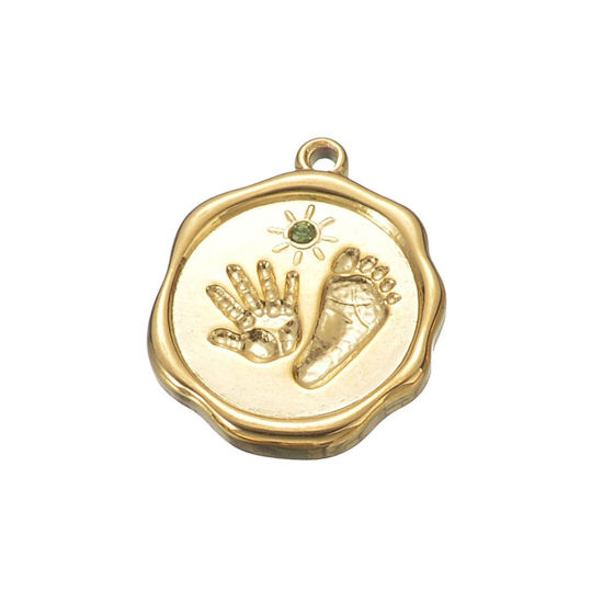 Immagine di 1 Pz Placcatura Sottovuoto 304 Acciaio Inossidabile & Strass Carino Ciondoli Tondo Oro Placcato Stampato a Mano Verde Strass 2cm x 1.6cm