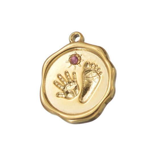 Immagine di 1 Pz Placcatura Sottovuoto 304 Acciaio Inossidabile & Strass Carino Ciondoli Tondo Oro Placcato Stampato a Mano Roso Strass 2cm x 1.6cm