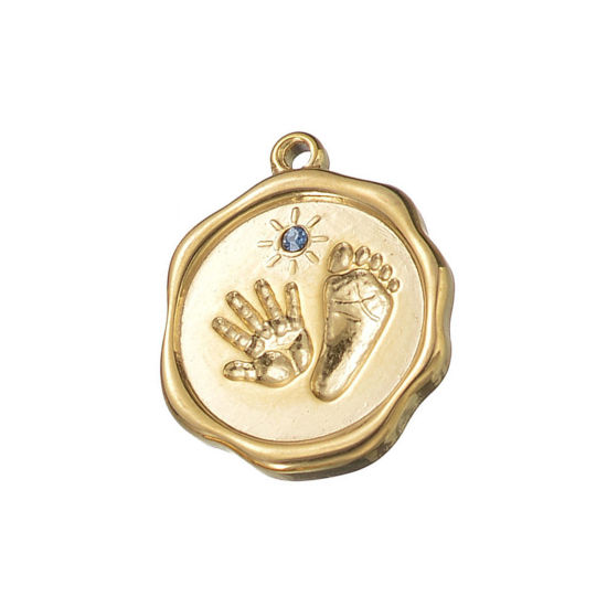 Immagine di 1 Pz Placcatura Sottovuoto 304 Acciaio Inossidabile & Strass Carino Ciondoli Tondo Oro Placcato Stampato a Mano Blu Strass 2cm x 1.6cm