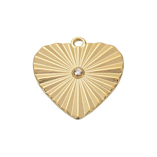 Immagine di 1 Pz Placcatura Sottovuoto 304 Acciaio Inossidabile & Strass Elegante Ciondoli Cuore Oro Placcato Striscia Trasparente Strass 18.5mm x 18mm