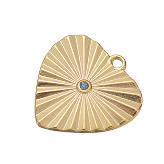 Immagine di 1 Pz Placcatura Sottovuoto 304 Acciaio Inossidabile & Strass Elegante Ciondoli Cuore Oro Placcato Striscia Blu Strass 18.5mm x 18mm