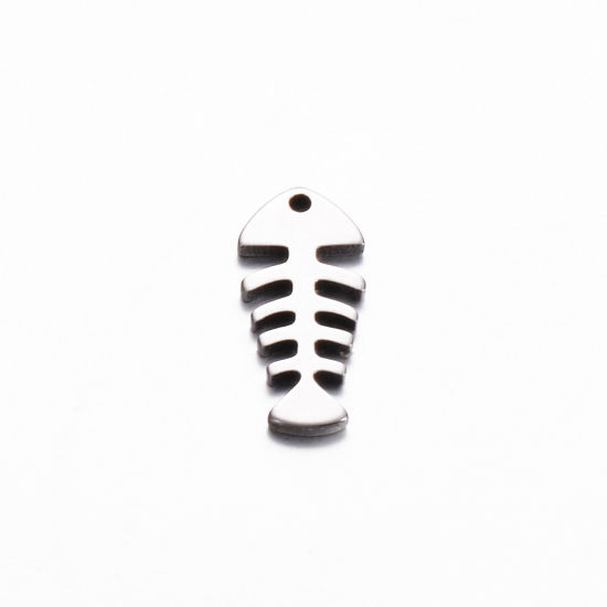 Picture of 5 PCs 304 Stainless Steel Ocean Jewelry Charms Silver Tone Fish Bone 15mm x 7mm