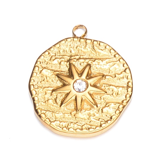 Изображение 1 ШТ 304 Нержавеющая Сталь Ретро Подвески Позолоченный Диск Звезда Прозрачный Стразы 21мм x 17мм