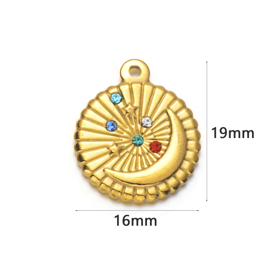 Изображение 1 ШТ Экологичное вакуумное PVD-покрытие 304 Нержавеющая Сталь галактика Подвески Позолоченный Круглые Диск Луна Разноцветный Стразы 19мм x 16мм