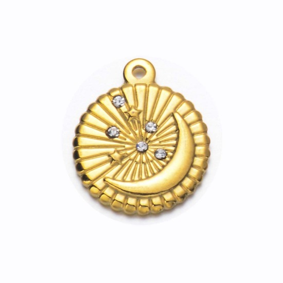 Изображение 1 ШТ Экологичное вакуумное PVD-покрытие 304 Нержавеющая Сталь галактика Подвески Позолоченный Круглые Диск Луна Прозрачный Стразы 19мм x 16мм