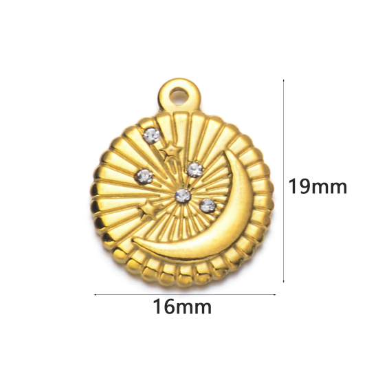 Изображение 1 ШТ Экологичное вакуумное PVD-покрытие 304 Нержавеющая Сталь галактика Подвески Позолоченный Круглые Диск Луна Прозрачный Стразы 19мм x 16мм
