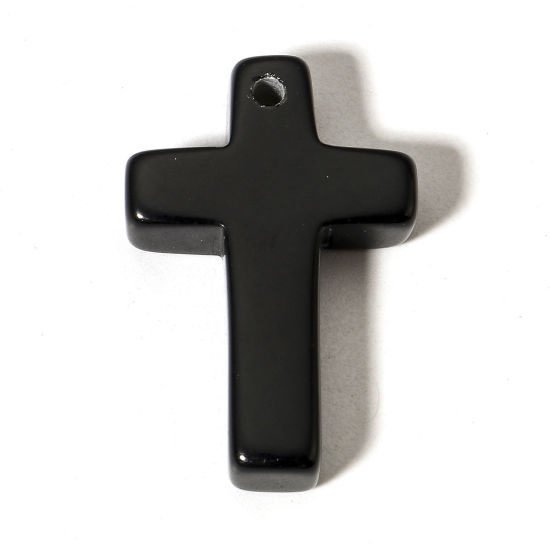 Image de 1 Pièce (Classement B) Breloques en Obsidienne ( Naturel ) Croix Noir 30mm x 20mm