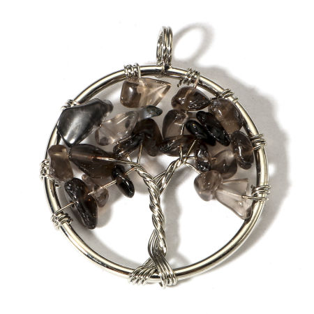 Imagen de 1 Unidad (Grado B) Cuarzo Ahumado ( Natural ) Alambre Envuelto Colgantes Tono de Plata Ronda Árbol de la Vida 3.4cm x 2.8cm
