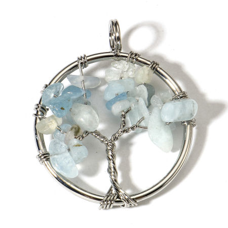 Imagen de 1 Unidad (Grado B) Aguamarina ( Natural ) Alambre Envuelto Colgantes Tono de Plata Ronda Árbol de la Vida 3.4cm x 2.8cm