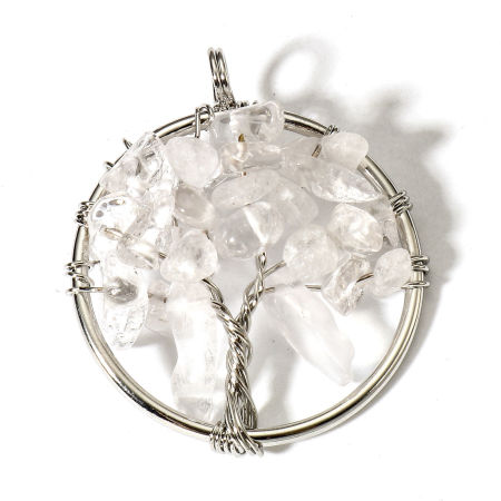 Imagen de 1 Unidad (Grado B) Cuarzo Roca de Cristal ( Natural ) Alambre Envuelto Colgantes Tono de Plata Ronda Árbol de la Vida 3.4cm x 2.8cm