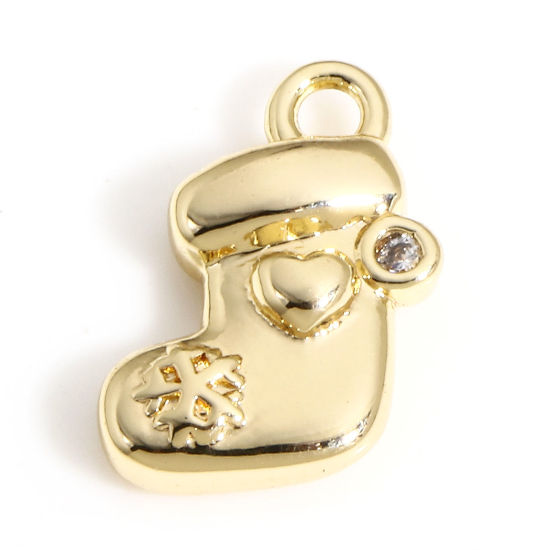 Bild von 1 Stück Messing Weihnachten Charms 18K Echtgold plattiert Weihnachtsstiefel Herz Klar Zirkonia 10mm x 8mm