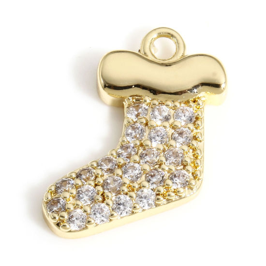 Bild von 1 Stück Messing Weihnachten Charms 18K Echtgold plattiert Weihnachtsstiefel Micro Pave Klar Zirkonia 13mm x 10mm