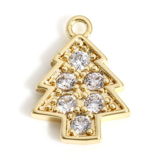 Bild von 1 Stück Messing Weihnachten Charms 18K Echtgold plattiert Weihnachten Weihnachtsbaum Micro Pave Klar Zirkonia 12mm x 9mm