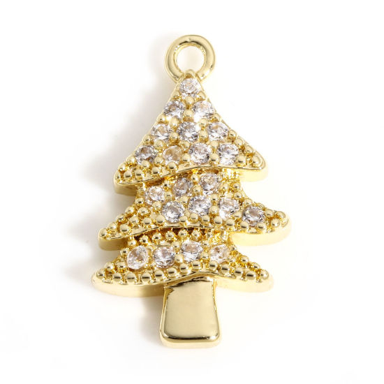 Bild von 1 Stück Messing Weihnachten Charms 18K Echtgold plattiert Weihnachten Weihnachtsbaum Micro Pave Klar Zirkonia 16mm x 10mm