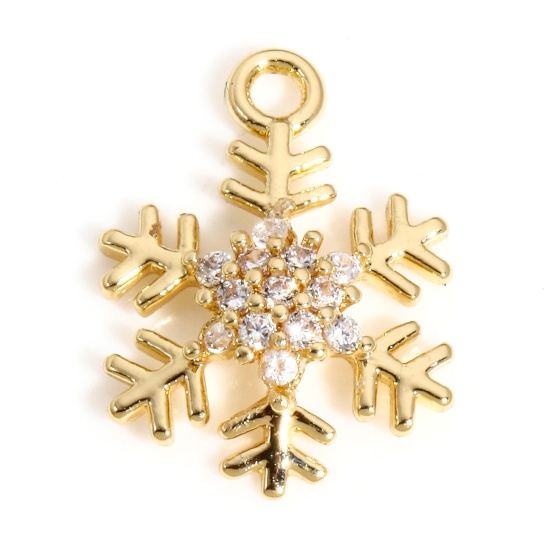 Bild von 1 Stück Messing Weihnachten Charms 18K Echtgold plattiert Weihnachten Schneeflocke Micro Pave Klar Zirkonia 12mm x 9mm