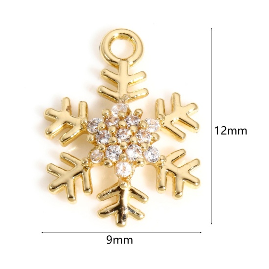 Image de 1 Pièce Breloques Noël en Laiton Flocon de Neige de Noël Plaqué Or Véritable 18K Micro Pave à Zircone Cubique Clair 12mm x 9mm