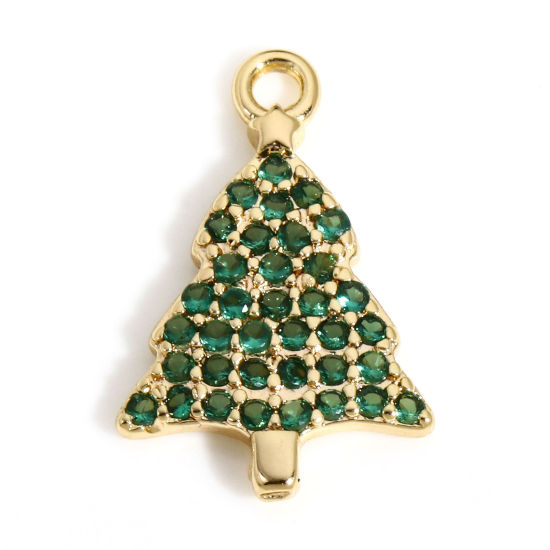 Image de 1 Pièce Breloques Noël en Laiton Pin de Noël Plaqué Or Véritable 18K Micro Pave à Zircone Cubique Vert 15mm x 9.5mm