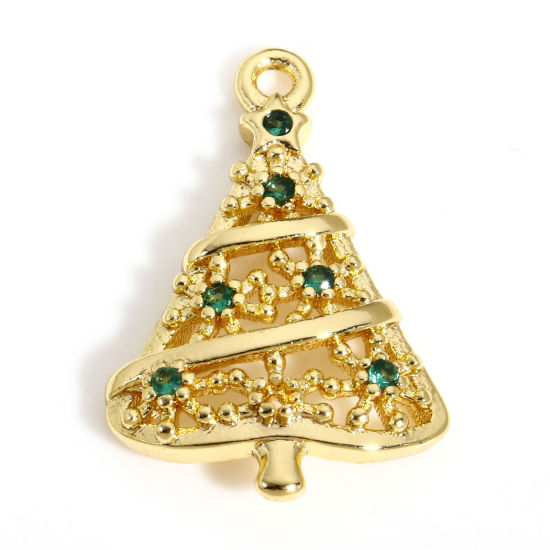 Image de 1 Pièce Breloques Noël en Laiton Pin de Noël Plaqué Or Véritable 18K à Zircone Cubique Vert 18.5mm x 12mm