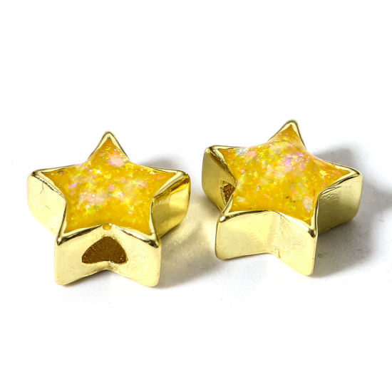 Picture of 1 Piece Copper & Opal ( Synthetic ) Beads For DIY Charm Jewelry Making Pentagram Star Yellow About 8mm x 8mm, Hole: Approx 1.8mm