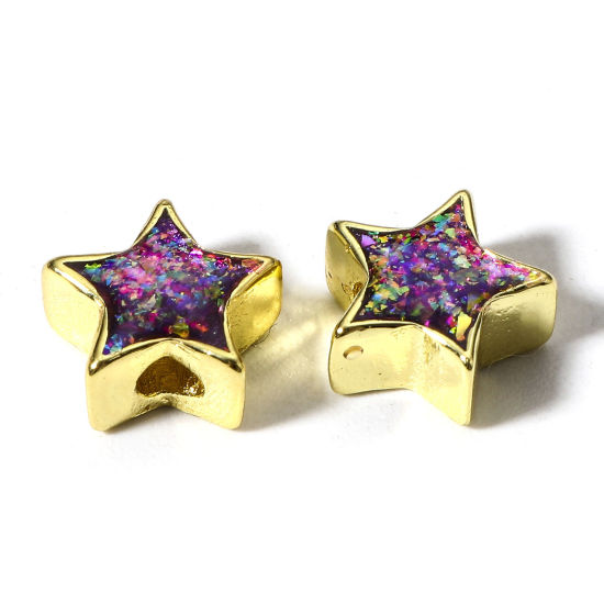 Picture of 1 Piece Copper & Opal ( Synthetic ) Beads For DIY Charm Jewelry Making Pentagram Star Purple About 8mm x 8mm, Hole: Approx 1.8mm
