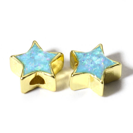 Picture of 1 Piece Copper & Opal ( Synthetic ) Beads For DIY Charm Jewelry Making Pentagram Star Blue About 8mm x 8mm, Hole: Approx 1.8mm