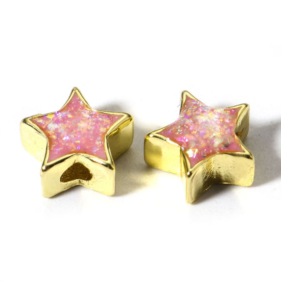 Picture of 1 Piece Copper & Opal ( Synthetic ) Beads For DIY Charm Jewelry Making Pentagram Star Pink About 8mm x 8mm, Hole: Approx 1.8mm