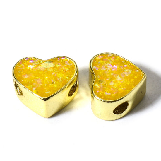 Picture of 1 Piece Copper & Opal ( Synthetic ) Beads For DIY Charm Jewelry Making Heart Yellow About 8mm x 7mm, Hole: Approx 1.6mm