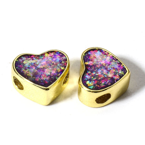 Picture of 1 Piece Copper & Opal ( Synthetic ) Beads For DIY Charm Jewelry Making Heart Purple About 8mm x 7mm, Hole: Approx 1.6mm