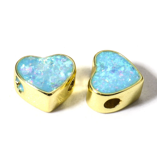 Bild von 1 Stück Kupfer & Opal ( Synthetisch ) Perlen für die Herstellung von DIY-Charme-Schmuck Herz Blau ca. 8mm x 7mm, Loch:ca. 1.6mm