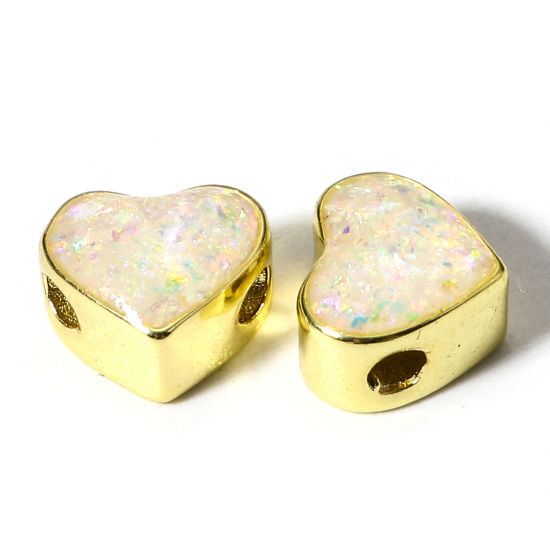 Bild von 1 Stück Kupfer & Opal ( Synthetisch ) Perlen für die Herstellung von DIY-Charme-Schmuck Herz Weiß ca. 8mm x 7mm, Loch:ca. 1.6mm