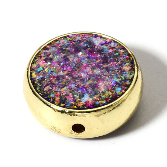 Bild von 1 Stück Kupfer & Opal ( Synthetisch ) Perlen für die Herstellung von DIY-Charme-Schmuck Flachrund Lila ca. 15mm D., Loch:ca. 1.2mm