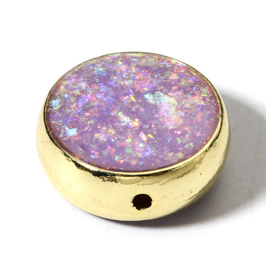 Bild von 1 Stück Kupfer & Opal ( Synthetisch ) Perlen für die Herstellung von DIY-Charme-Schmuck Flachrund Helllila ca. 15mm D., Loch:ca. 1.2mm