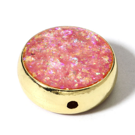 Bild von 1 Stück Kupfer & Opal ( Synthetisch ) Perlen für die Herstellung von DIY-Charme-Schmuck Flachrund Rosa ca. 15mm D., Loch:ca. 1.2mm