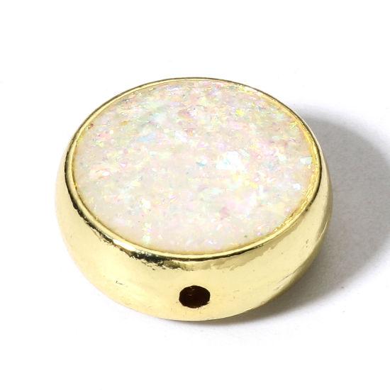 Picture of 1 Piece Copper & Opal ( Synthetic ) Beads For DIY Charm Jewelry Making Flat Round White About 15mm Dia., Hole: Approx 1.2mm