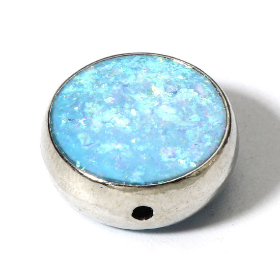 Picture of 1 Piece Copper & Opal ( Synthetic ) Beads For DIY Charm Jewelry Making Flat Round Light Blue About 15mm Dia., Hole: Approx 1.2mm