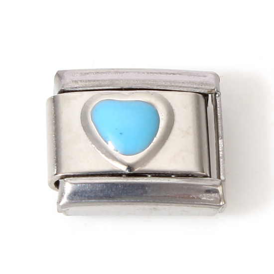 Immagine di 1 Pz 304 Acciaio Inossidabile Bracciale con Charm Italiano a Maglie, Creazione di Gioielli Fai-da-te Tono Argento Blu Rettangolo Cuore Smalto 10mm x 9mm