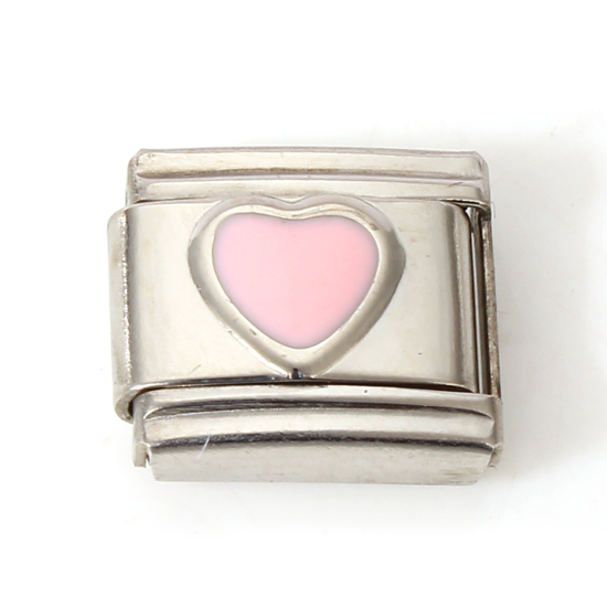 Immagine di 1 Pz 304 Acciaio Inossidabile Bracciale con Charm Italiano a Maglie, Creazione di Gioielli Fai-da-te Tono Argento Rosa Rettangolo Cuore Smalto 10mm x 9mm
