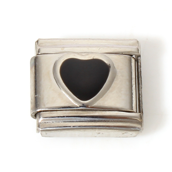 Immagine di 1 Pz 304 Acciaio Inossidabile Bracciale con Charm Italiano a Maglie, Creazione di Gioielli Fai-da-te Tono Argento Nero Rettangolo Cuore Smalto 10mm x 9mm