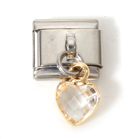 Imagen de 1 Unidad 304 Acero Inoxidable & Vidrio Charm Pulsera de Eslabones Italianos para Hacer Joyas DIY Tono de Plata Transparente Rectángulo Corazón con colgante 17mm x 10mm
