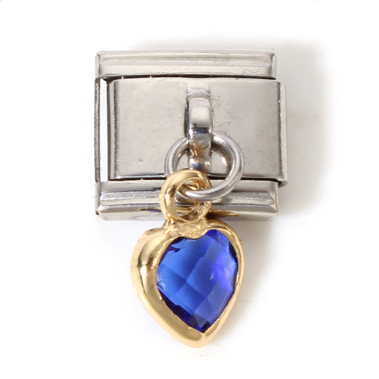 Imagen de 1 Unidad 304 Acero Inoxidable & Vidrio Charm Pulsera de Eslabones Italianos para Hacer Joyas DIY Tono de Plata Azul Marino Rectángulo Corazón con colgante 17mm x 10mm