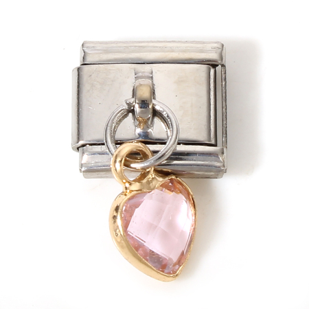 Image de 1 Pièce Bracelet à Maillons Breloques Italiens Accessories de Fabrication de Bracelets Bijoux DIY en 304 Acier Inoxydable & Verre Argent Mat Rose Rectangle Cœur avec Pendentif 17mm x 10mm