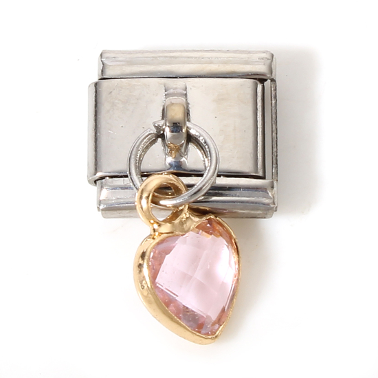 Imagen de 1 Unidad 304 Acero Inoxidable & Vidrio Charm Pulsera de Eslabones Italianos para Hacer Joyas DIY Tono de Plata Rosado Rectángulo Corazón con colgante 17mm x 10mm